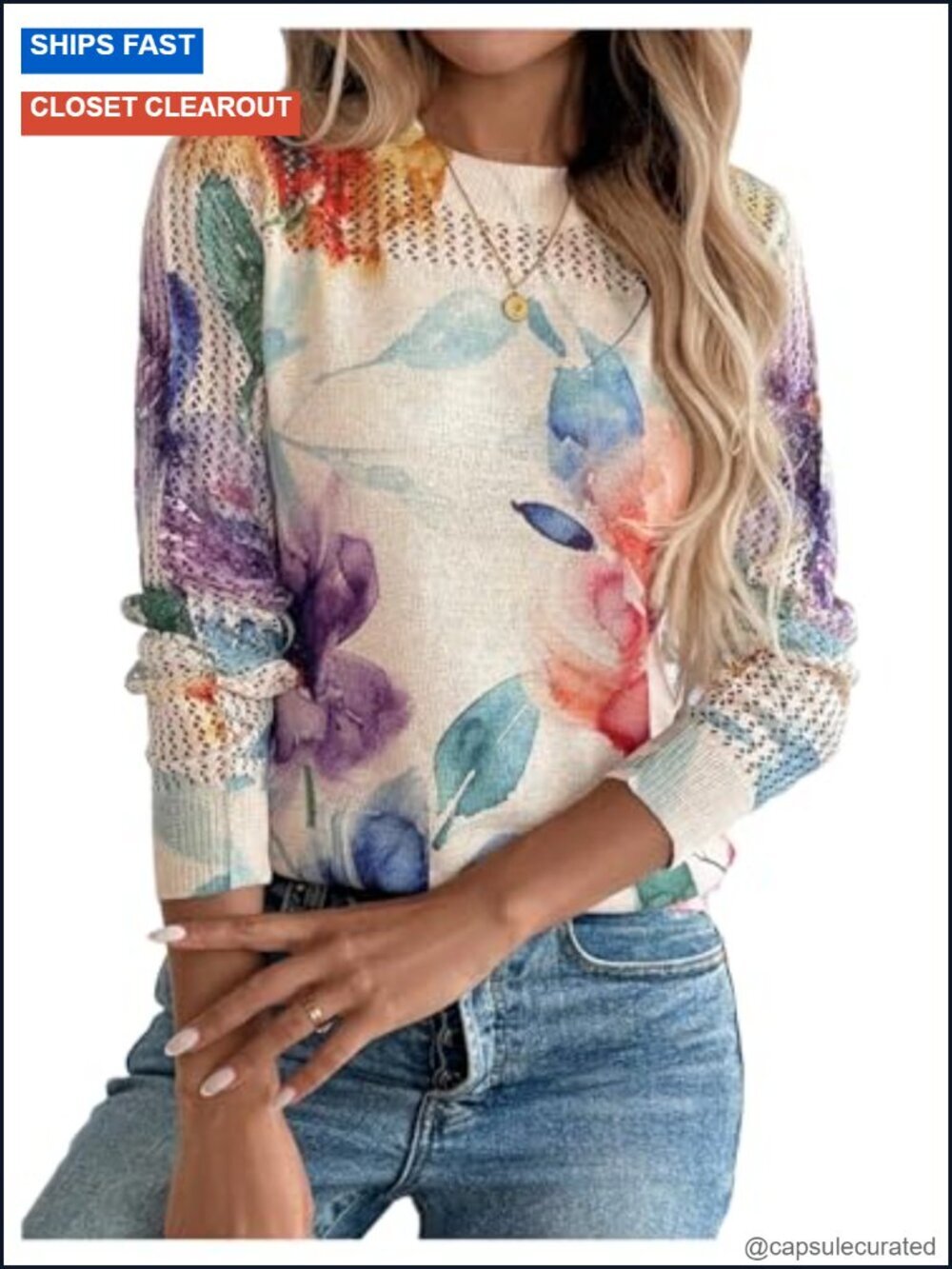 Floral Pullover Sweater Long Sleeve Crew Neck Hollow Out Knit
